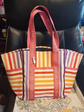 Victoria's Secret Multicolor Stripe Canvas Tote - Pink Straps